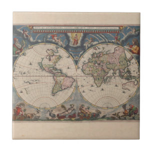 Antique World Map: Historical Cartography Art Tile