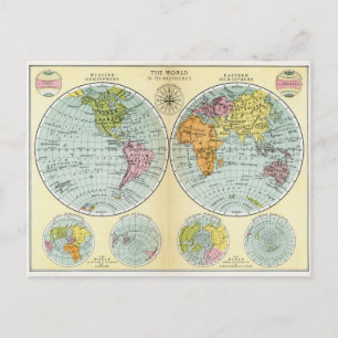 Antique World Map in Hemispheres Postcard