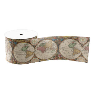 Antique World Map in two Hemispheres Grosgrain Ribbon