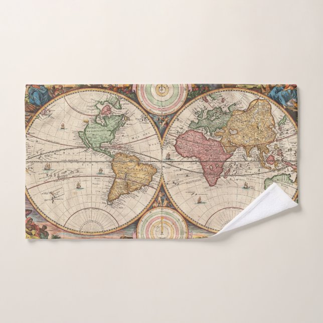 Antique World Map in two Hemispheres Hand Towel (Hand Towel)