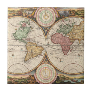 Antique World Map in two Hemispheres Tile