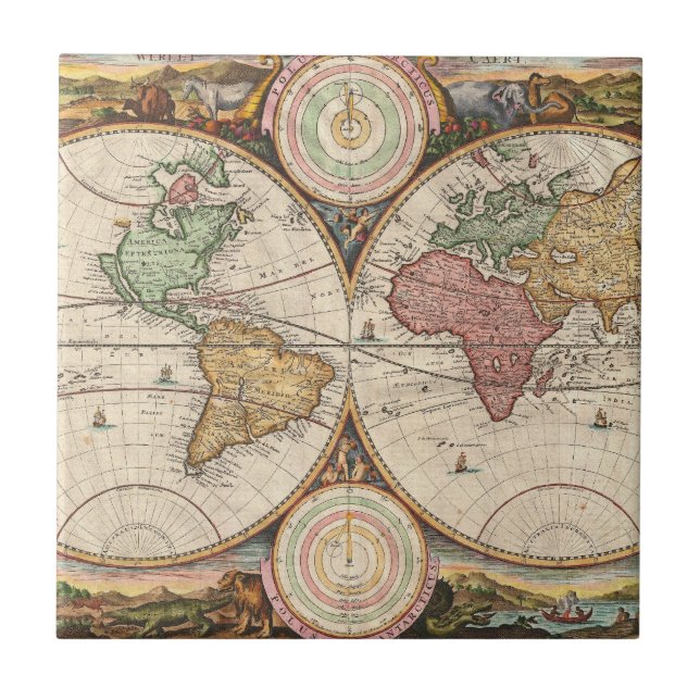 Antique World Map in two Hemispheres   Tile (Front)