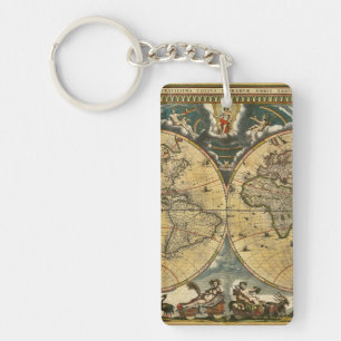 Antique World Map J. Blaeu 1664 Keychain