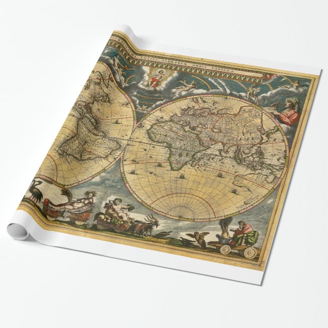 Antique World Map J. Blaeu 1664 Wrapping Paper (Unrolled)