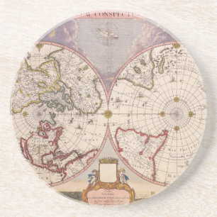 Antique World Map Lithograph Elegant Coaster