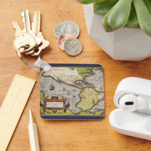 Antique World Map of the Americas, 1570 Keychain