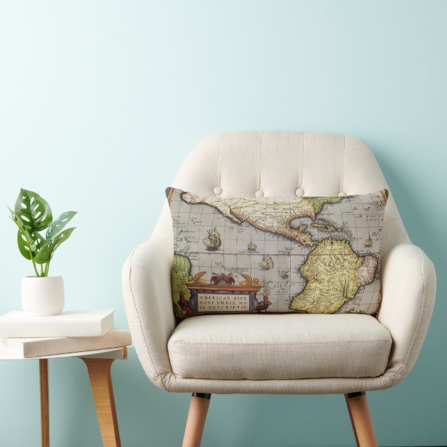 Antique World Map the Americas by Abraham Ortelius Lumbar Pillow (Chair)