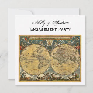 Antique World Map, White BG SQ Engagement Invitation