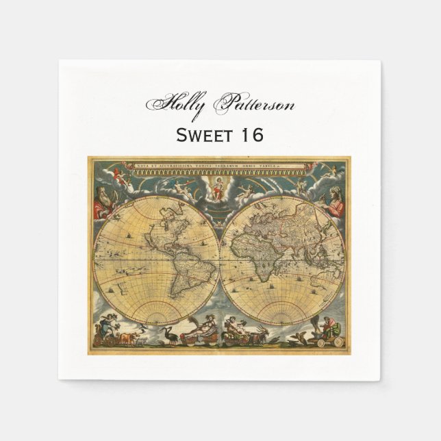 Antique World Map, White BG SQ Sweet 16 Napkin (Front)