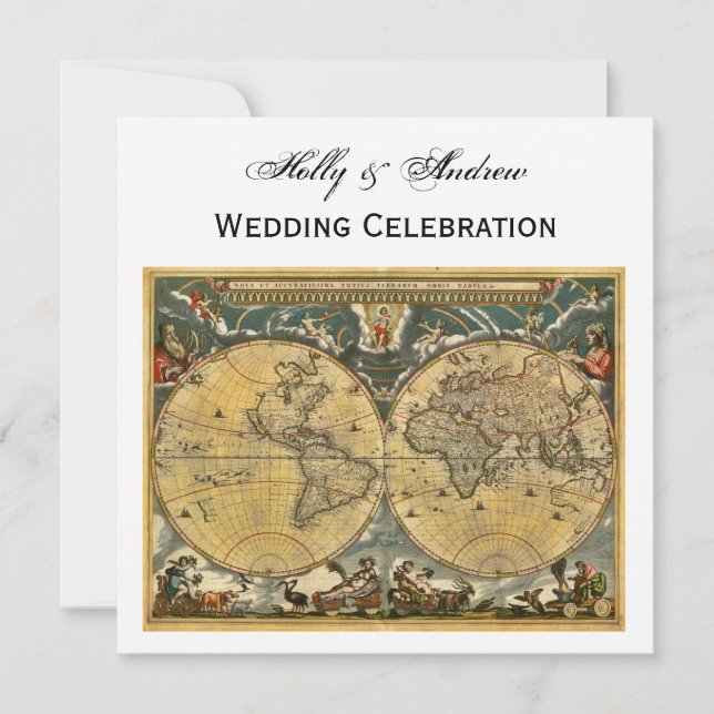 Antique World Map, White BG SQ Wedding Invitation (Front)