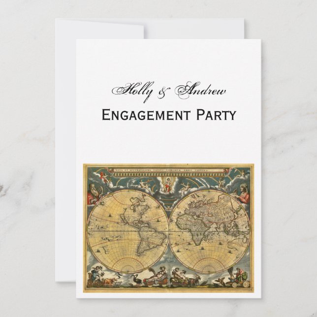 Antique World Map, White BG V Engagement Invitation (Front)