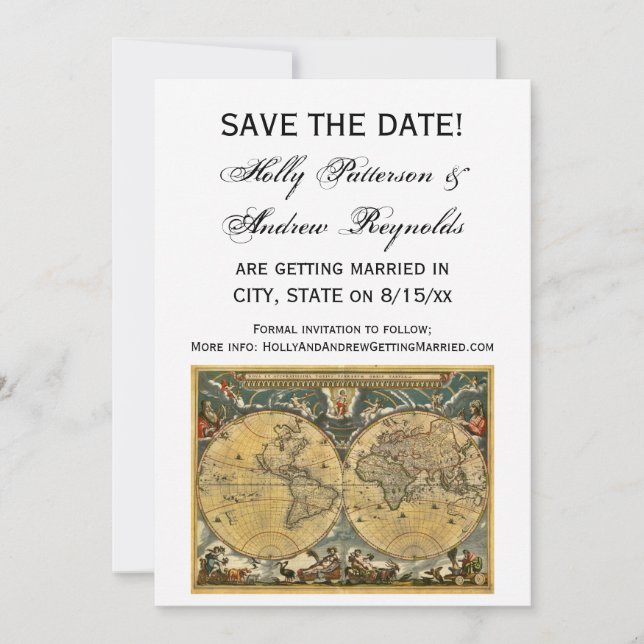 Antique World Map, White BG V Engagement Invitation (Front)