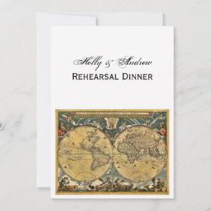 Antique World Map, White BG V Rehearsal Din Invitation