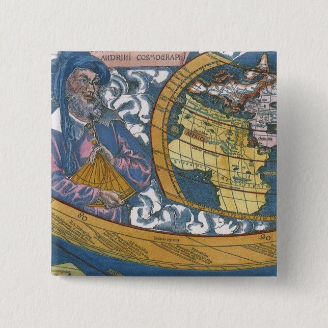 Antique World Map with Claudius Ptolemy, 1507 2 Inch Square Button (Front)