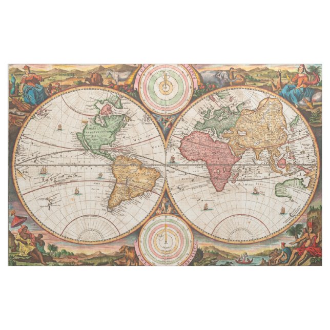 Antique World Map with Hemispheres Fabric (Yard)