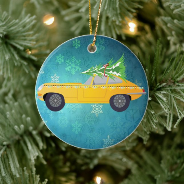 Antique Yellow Car Ceramic Ornament (Tree)