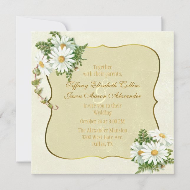 Antique Yellow with Daisies Wedding Invitation (Front)