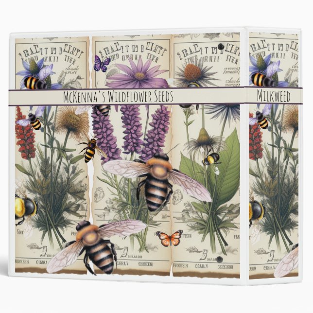 Antiqued Bees and Wildflowers Ephemera Styled  Binder (Back/Spine)