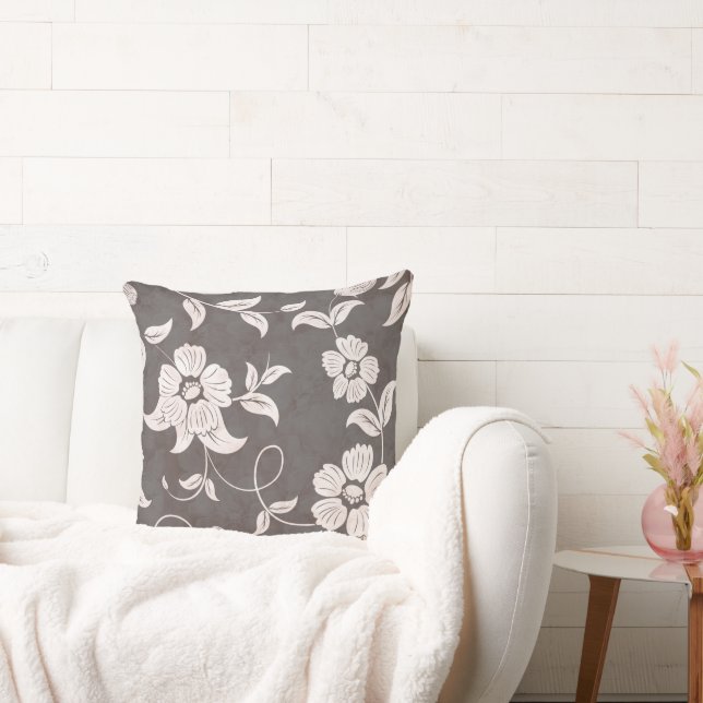 Antiqued  Brown Black Vintage White Flowers Throw Pillow (Couch)