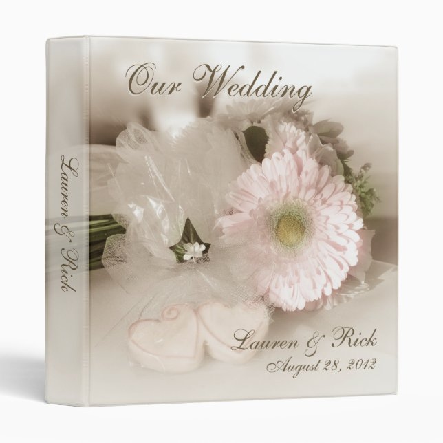 Antiqued Gerber Daisy & Hearts Wedding 1" Binder (Front/Spine)