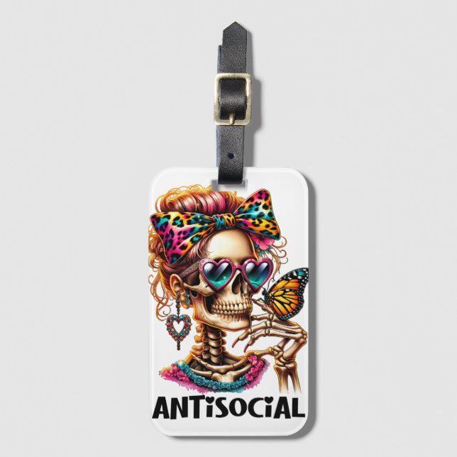 Antisocial Skeleton Lady Luggage Tag (Front Vertical)