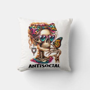 Antisocial Skeleton Lady Throw Pillow