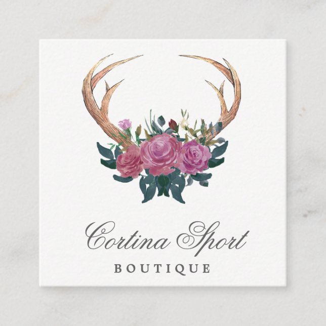Antler and roses rustic chic business card (Front)