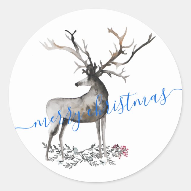 Antler Stag Reindeer Merry Christmas Classic Round Sticker (Front)