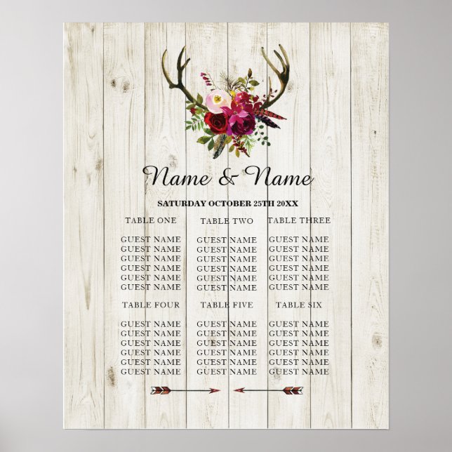 Antler Stag Table Wedding Floral Poster Seating (Front)
