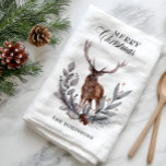 Antlered Deer Buck Wreath Merry Christmas  Kitchen Towel<br><div class="desc">Rustic pinecone evergreen holly and pine with brown berries and a big buck deer with a large antler rack "Merry Christmas" wreath design.  Composite design by Holiday Hearts Designs.</div>