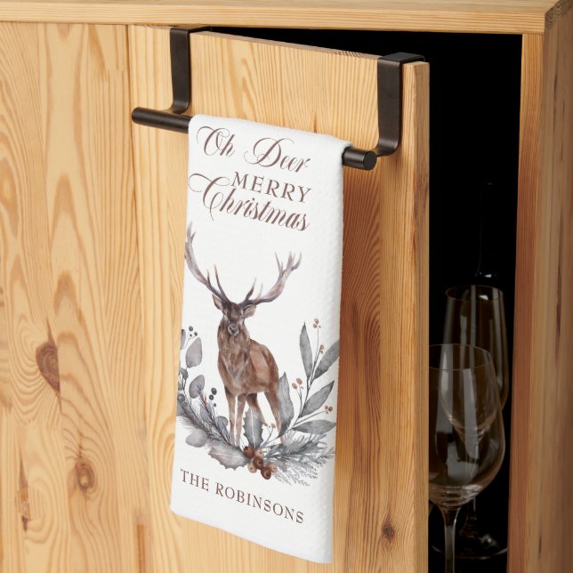 Antlered Oh Deer Buck Wreath Merry Christmas  Kitchen Towel (Thirds Fold)