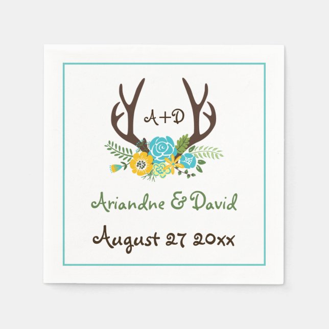Antlers and flowers woodland monogram wedding napkin (Front)
