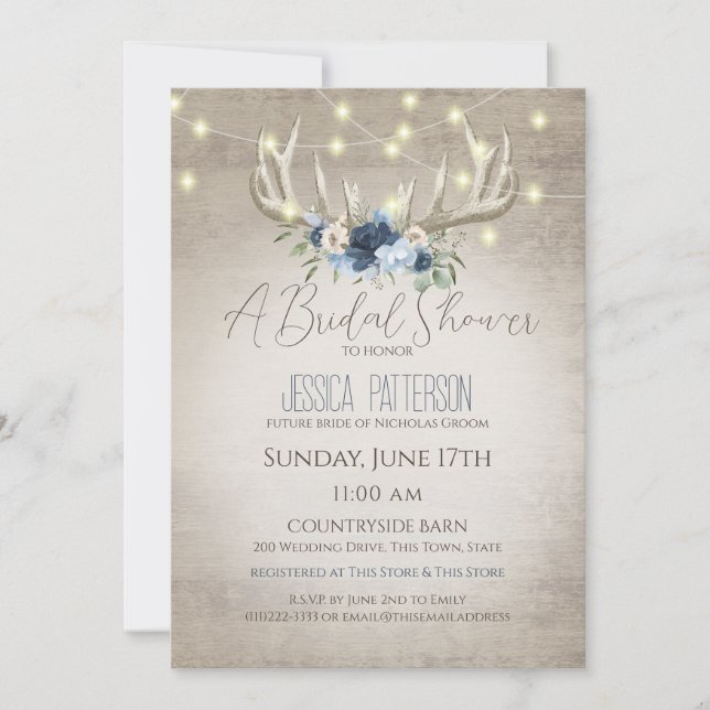 Antlers and Lights Floral Blue Bridal Shower Invitation (Front)
