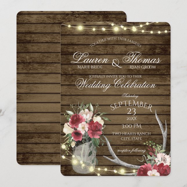 Antlers and String Lights Rustic Burgundy Floral I Invitation (Front/Back)