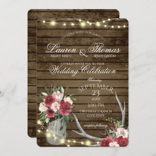 Antlers and String Lights Rustic Burgundy Floral I Invitation