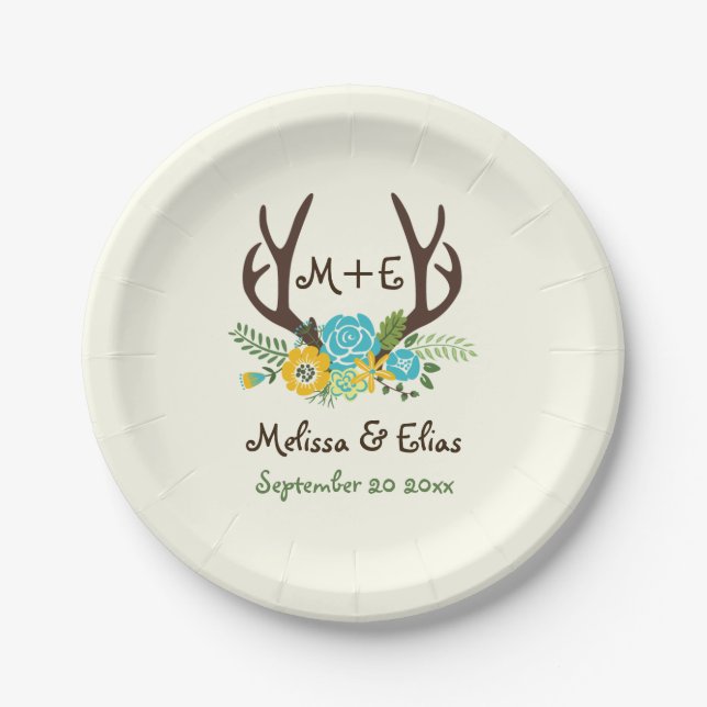 Antlers & aqua blue, yellow flowers rustic wedding paper plate (Front)