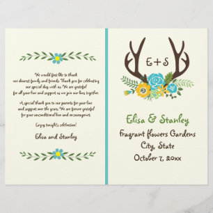 Antlers & aqua flowers monogram wedding program