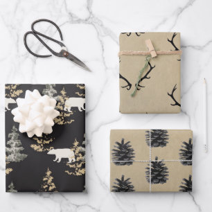 Antlers, bears, black and stone coloured  wrapping wrapping paper sheet