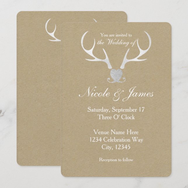Antlers en argent blanc et invitations de mariage  (Devant / Derrière)