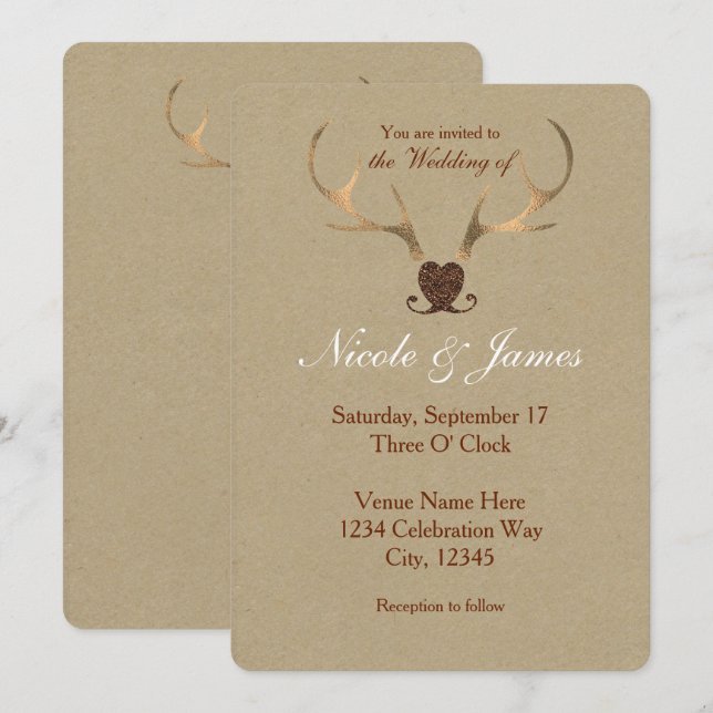 Antlers en or et invitations de mariage en papier  (Devant / Derrière)