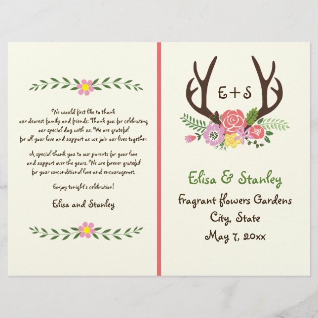 Antlers et fleurs de corail programme de mariage m (Devant)