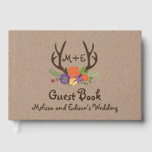 Antlers floral monogram boho wedding guest book