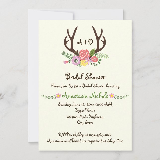 Antlers & flowers monogram wedding bridal shower invitation (Front)