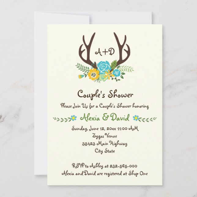 Antlers & flowers monogram wedding couples shower invitation (Front)