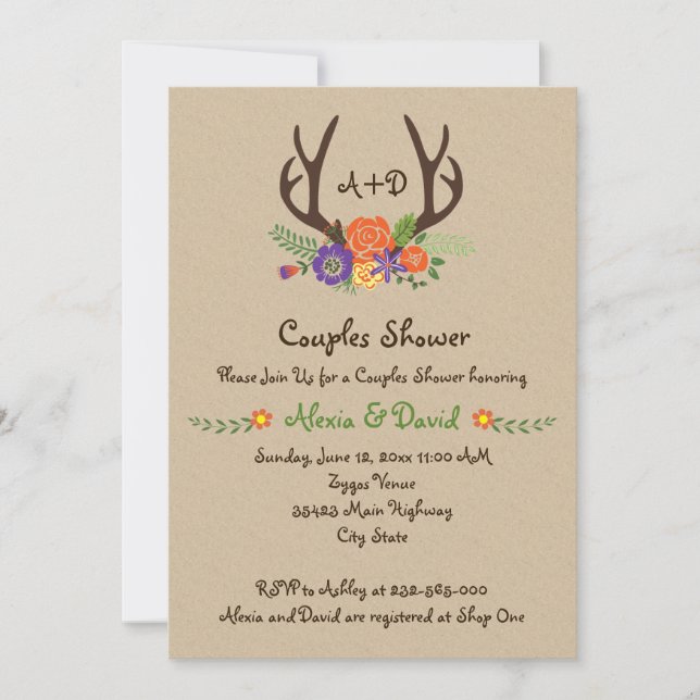 Antlers & flowers monogram wedding couples shower invitation (Front)
