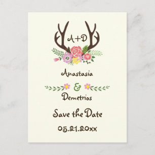 Antlers & flowers monogram wedding Save the Date Announcement Postcard