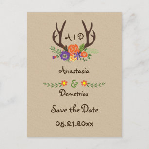 Antlers & flowers monogram wedding Save the Date Announcement Postcard