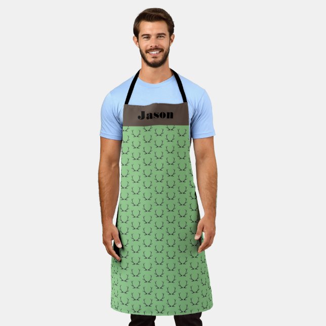 Antlers Green Personalized Men Apron Hunter Gift (Worn)