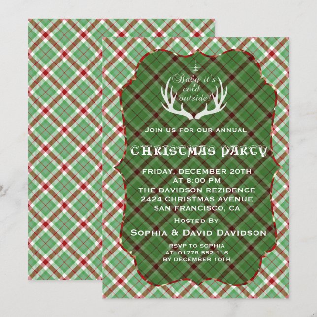 Antlers Green Plaid Christmas Party Invitation (Devant / Derrière)