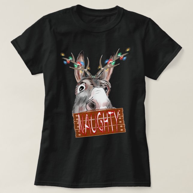 Antlers Lights Naughty Sign Funny Christmas Donkey T-Shirt (Design Front)